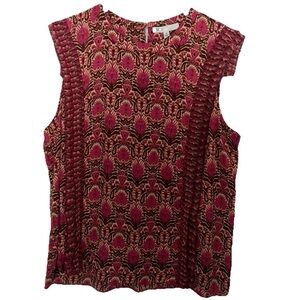 DR2 Ikat Pink Brown Beige Ruffle Sleeveless Blouse Round Neck Button Modern XL